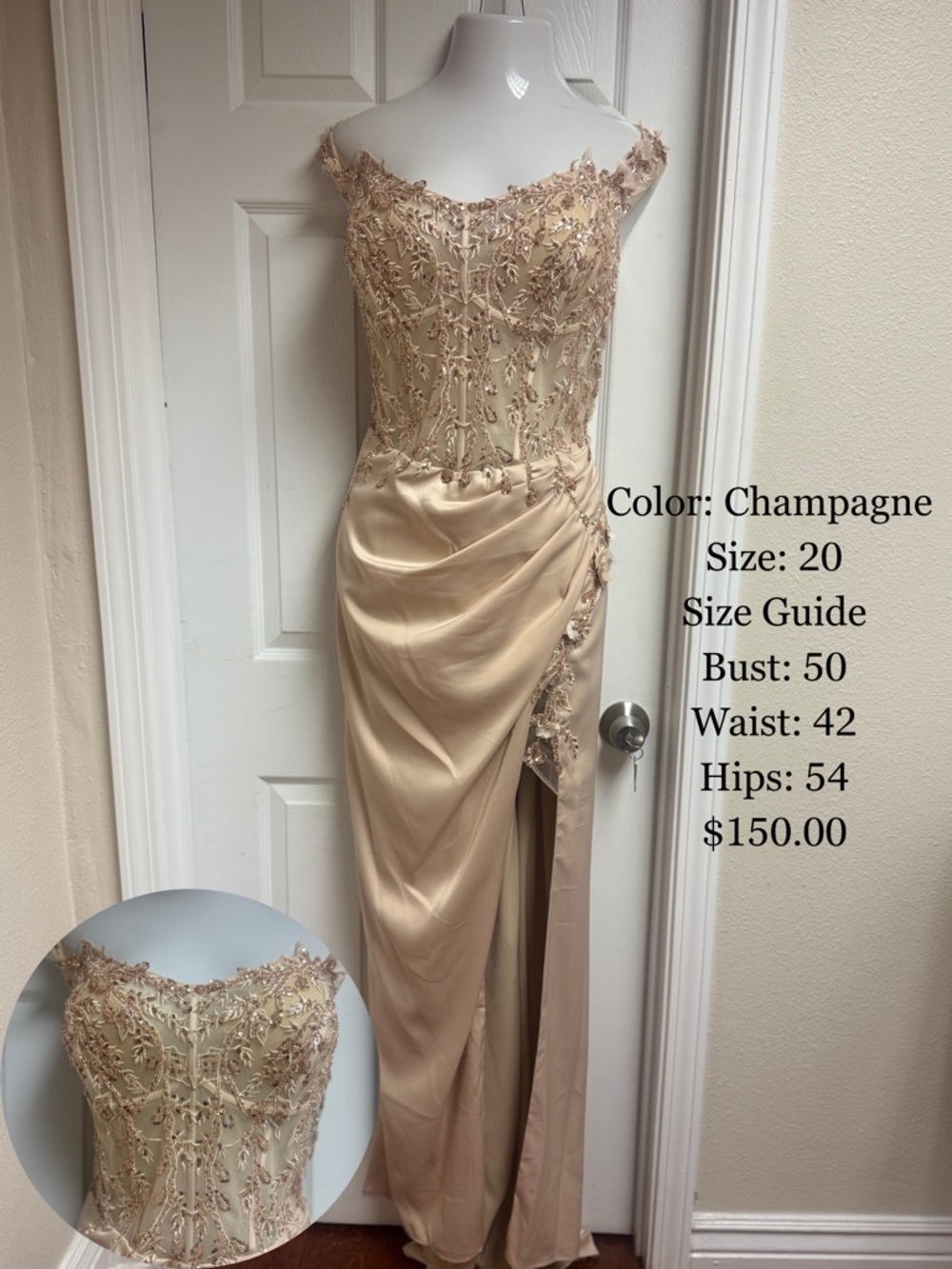 Champagne Off-Shoulder Beaded Prom Dress with Side Drape
